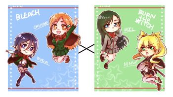 1046sstep_btoh 4girls back balcony bleach blonde_hair blue_eyes bow breasts burn_the_witch cape commentary_request cosplay costume_switch green_cape green_eyes gun hair_between_eyes highres holding holding_gun holding_weapon inoue_orihime inoue_orihime_(cosplay) japanese_clothes kimono kuchiki_rukia kuchiki_rukia_(cosplay) large_breasts long_hair miniskirt multiple_girls niihashi_noel niihashi_noel_(cosplay) ninny_spangcole ninny_spangcole_(cosplay) orange_eyes orange_hair pleated_skirt purple_eyes red_bow red_cape school_uniform sheath short_kimono shorts skirt star_(symbol) suspender_shorts suspenders sword weapon