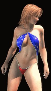 1girl 3d animated animated_gif bikini blonde_hair bouncing_breasts breasts dead_or_alive dead_or_alive_5 female_focus game_screenshot large_breasts lowres navel simple_background solo swimsuit tecmo tina_armstrong