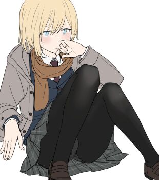 1boy black_pantyhose blonde-haired_boy_(sunaba_(nczd5875)) blonde_hair blue_eyes blue_vest blush brown_scarf bulge closed_mouth collared_shirt commentary crossdressing crossdressing_(mtf) dot_nose feet_out_of_frame grey_jacket grey_panties grey_shoes grey_skirt hair_between_eyes hand_on_own_face hand_up highres hood hood_down hooded_jacket jacket knees_up long_sleeves looking_at_viewer male_focus medium_hair necktie open_clothes open_jacket original panties pantyhose plaid_clothes plaid_skirt pleated_skirt purple_necktie scarf shirt shoes simple_background sitting skirt solo sunaba_(nczd5875) trap underwear vest white_background