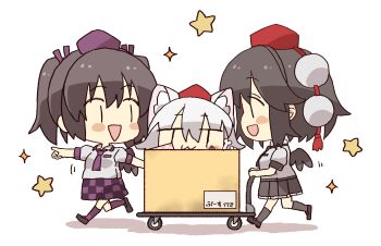 Rule 34 | 3girls, :3, animal ear fluff, animal ears, black hair, black skirt, black wings, box, brown shoes, cardboard box, cartoon bone, checkered clothes, checkered skirt, closed mouth, collared shirt, commentary request, grey hair, grey socks, hair between eyes, hair ribbon, hat, highres, himekaidou hatate, in box, in container, inubashiri momiji, kneehighs, loafers, mini hat, motion lines, multiple girls, pleated skirt, puffy short sleeves, puffy sleeves, purple hat, purple ribbon, purple skirt, purple socks, pushcart, red hat, ribbon, shadow, shameimaru aya, shirt, shoes, short sleeves, skirt, socks, star (symbol), tokin hat, totoharu (kujirai minato), touhou, twintails, walking, white background, white shirt, wings, wolf ears