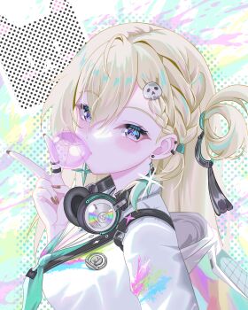 1girl absurdres black_nails blonde_hair blowing_bubble_gum braid braided_bangs breasts chewing_gum commentary earrings fingernails from_side hair_between_eyes headphones headphones_around_neck highres jewelry looking_at_viewer looking_to_the_side lynae_(wuthering_waves) medium_breasts nail_polish purple_eyes shaxiao shirt solo star_(symbol) star_earrings v white_shirt wuthering_waves