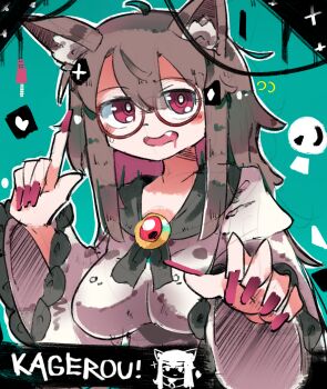 1girl 7-mirano abstract_background ahoge animal_ear_fluff animal_ears arm_up bespectacled black_collar black_trim blue_background breasts brooch brown_hair character_name chibi chibi_inset closed_mouth collar collarbone commentary double-parted_bangs dress drooling english_commentary english_text fang fingernails flying_sweatdrops glasses hair_between_eyes heart highres imaizumi_kagerou jewelry large_breasts long_fingernails long_hair long_sleeves open_mouth pointing pointing_up reaching reaching_towards_viewer red-framed_eyewear red_eyes red_nails smile sparkle sweatdrop touhou upper_body white_dress wide_sleeves wolf_ears wolf_girl