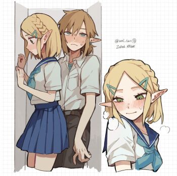 1boy 1girl black_pants blonde_hair blue_skirt blush dango_(uni_520) green_eyes heavy_breathing hetero highres link nintendo pants princess_zelda school_uniform serafuku shirt skirt stuck_in_a_box the_legend_of_zelda white_shirt