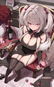 1girl absurdres bare_shoulders black_chemise black_dress black_panties bow bowtie breasts bridal_gauntlets brown_thighhighs chair chemise cleavage closed_mouth cocktail_dress commission cup detached_collar dress drinking_glass feather_boa from_above garter_straps hair_bow high_heels highres holding holding_cup large_breasts long_hair looking_at_viewer original panties pipi_ya red_eyes riche_leilani shoes side-tie_panties side-tie_peek side_slit sitting sleeveless sleeveless_dress smile solo spaghetti_strap thighhighs thighs two_side_up underwear unworn_shoes very_long_hair white_hair wine_glass