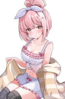 Rule 34 | 1girl, black thighhighs, bloomers, breasts, brown jacket, camisole, cleavage, collarbone, commission, etoria, hair bun, hair ribbon, highres, indie virtual youtuber, jacket, kohanai momomi, large breasts, looking at viewer, midriff, navel, pink eyes, pink hair, ribbon, simple background, skeb commission, smile, solo, striped clothes, striped jacket, thighhighs, underwear, unworn jacket, virtual youtuber, white background, white bloomers, white camisole, white ribbon