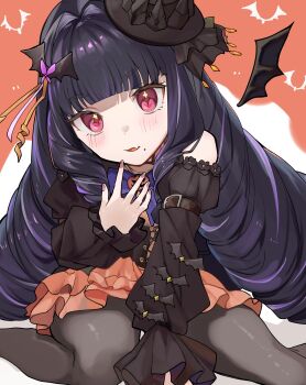 1girl arisu_oshiro bat_hair_ornament black_hair black_wings detached_wings dress fang hair_ornament highres jack-o&#039;-lantern_ornament long_hair mole mole_under_mouth multicolored_hair orange_dress pantyhose pink_eyes pixellink purple_hair purple_nails sakura_no_yoru second-party_source skin_fang solo streaked_hair virtual_youtuber wings