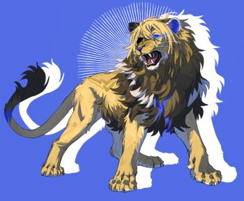 1boy aaasakawa animalization blue_background blue_eyes dimitri_alexandre_blaiddyd dimitri_alexandre_blaiddyd_(blue_lion) dimitri_alexandre_blaiddyd_(timeskip) eyepatch fangs fire_emblem fire_emblem:_three_houses fire_emblem_shadows full_body glowing glowing_eye highres lion male_focus nintendo one_eye_covered open_mouth solo standing teeth