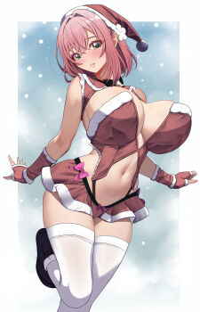 1girl absurdres akihiro0920 blush border breasts christmas commentary_request dress fingerless_gloves gloves green_eyes hanazono_hakari hat highres huge_breasts kimi_no_koto_ga_dai_dai_dai_dai_daisuki_na_100-nin_no_kanojo looking_at_viewer navel parted_lips red_dress red_gloves red_hair red_skirt santa_costume santa_hat sidelocks skirt snow solo standing thighhighs white_border white_thighhighs