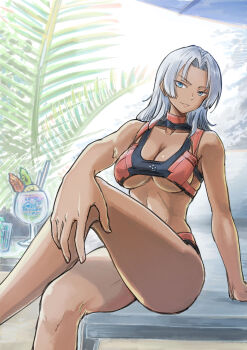 1girl absurdres bikini blue_eyes breasts cleavage closed_mouth cocktail cocktail_glass crossed_legs cup dark-skinned_female dark_skin drinking_glass drinking_straw elma_(xenoblade_x) feet_out_of_frame hand_on_own_knee highres large_breasts long_hair looking_at_viewer navel nemimin palm_tree red_bikini sitting solo swimsuit tree tropical_drink underboob white_hair xenoblade_chronicles_(series) xenoblade_chronicles_x