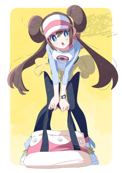 1girl bag black_pantyhose blue_eyes blush breasts brown_hair donut_hair_bun double_bun hair_bun hat highres leaning_forward long_hair looking_at_viewer nintendo open_mouth pantyhose pantyhose_under_shorts poke_ball_print pokemon pokemon_bw2 raglan_sleeves rosa_(pokemon) serizawa_serizane shirt shorts solo sweatdrop twintails visor_cap yellow_shorts