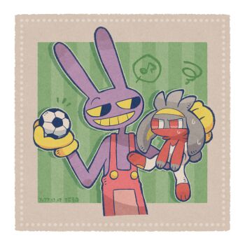 1boy alternate_color ball border crossover dated gen_8_pokemon gloves grin holding holding_ball holding_pokemon jax_(the_amazing_digital_circus) karin_(100100) nintendo overalls pokemon pokemon_(creature) raboot red_eyes red_overalls shiny_pokemon smile soccer_ball squiggle sweat teeth the_amazing_digital_circus upper_body white_border yellow_gloves