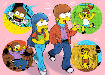 20th_century_fox aged_down book brown_hair chawako_(spchawanmushi) chips_(food) chocolate colored_skin food highres homer_simpson jacket jumping laughing long_hair marge_simpson pants potato_chips shirt short_hair shorts smile spacesuit swimsuit the_simpsons water wet yellow_skin