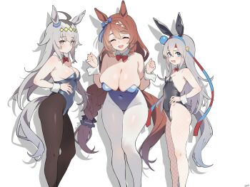 Rule 34 | 3girls, absurdres, ahoge, animal ears, bare shoulders, black leotard, black pantyhose, blue eyes, blue hairband, blue leotard, blush, bow, bowtie, braid, breasts, brown hair, cleavage, closed eyes, closed mouth, commentary, covered navel, darly (heh liman), detached collar, ear bow, ear covers, feet out of frame, fishnet pantyhose, fishnets, grey hair, grey tail, hair between eyes, hairband, hand on own hip, headband, highres, horse ears, horse girl, horse tail, kansaiben, large breasts, leaning forward, leotard, long hair, looking at viewer, medium breasts, multicolored hair, multicolored hairband, multiple girls, nontraditional playboy bunny, oguri cap (umamusume), open mouth, pantyhose, red bow, red bowtie, red headband, simple background, small breasts, smile, strapless, strapless leotard, streaked hair, super creek (umamusume), tail, tamamo cross (umamusume), two-tone hairband, umamusume, undersized breast cup, very long hair, white background, white hair, white pantyhose, white wrist cuffs, wrist cuffs