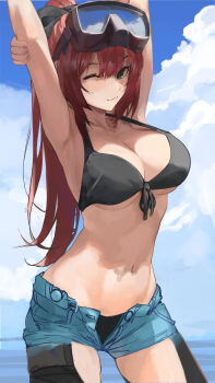 1girl absurdres arms_up bikini black_bikini black_thighhighs blue_sky breasts chucolala cloud eyebrows_hidden_by_hair eyewear_on_head far_side goggles goggles_on_head hair_between_eyes hair_ribbon highres hiseki_erio large_breasts long_hair looking_at_viewer ocean one_eye_closed ponytail red_hair ribbon shorts sky smile solo stomach stretching swimsuit thighhighs virtual_youtuber