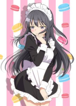 1girl akemi_homura alternate_costume apron black_eyes black_hair commentary_request dessert embarrassed feet_out_of_frame food highres long_hair mahou_shoujo_madoka_magica maid maid_apron maid_headdress reno_3tomato solo standing