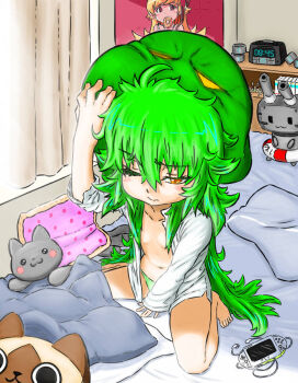 1girl alarm_clock bedroom clock curtains flying_spaghetti_monster full_body green_hair green_panties handheld_game_console hat kantai_collection long_hair moethulhu_(nyancatimusprime) monogatari_(series) nyan_cat nyancatimusprime on_bed one_eye_closed original oshino_shinobu panties pillow playstation_vita poster_(object) red_eyes rensouhou-chan solo underwear very_long_hair