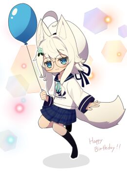 1girl :3 ahoge animal_ear_fluff animal_ears balloon beret black-framed_eyewear black_sailor_collar black_socks blue_eyes blue_flower blue_ribbon blue_skirt closed_mouth commentary_request flower fox_ears fox_girl fox_tail full_body glasses hair_flower hair_ornament happy_birthday hat highres holding holding_balloon long_hair long_sleeves looking_at_viewer neck_ribbon no_shoes original outline plaid_clothes plaid_skirt pleated_skirt ribbon round_eyewear sailor_collar saisoku_no_yukkuri shadow shirt skirt sleeves_past_wrists socks solo tail white_background white_hair white_hat white_outline white_shirt