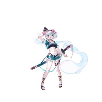 1girl alternate_costume bandaid bandaid_on_leg belt black_choker black_hairband black_sports_bra breasts choker cleavage flower game_cg green_eyes green_shorts green_vest grey_hair hair_flower hair_ornament hairband hat highres hitodama hitodama_print konpaku_youmu konpaku_youmu_(ghost) looking_at_viewer midriff navel non-web_source official_art open_belt open_clothes open_mouth open_vest pink_belt pink_flower scrunchie second-party_source sheath sheathed short_sleeves shorts smile solo sports_bra sword sword_on_back thigh_strap thighs touhou touhou_gensou_eclipse transparent_background u_u_zan umbrella vest water weapon weapon_on_back wrist_scrunchie