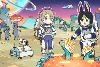 1girl 2boys albedo_(genshin_impact) animal_ear_fluff animal_ears aqua_eyes black_hair blonde_hair fox_ears genshin_impact green_hair hair_between_eyes highres long_sleeves multicolored_hair multiple_boys nahida_(genshin_impact) official_art open_mouth short_hair spacesuit streaked_hair tighnari_(genshin_impact) white_hair xinzoruo