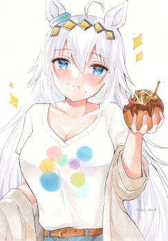 1girl :t ahoge animal_ears belt blue_eyes blush breasts brown_belt brown_cardigan cardigan cardigan_partially_removed cleavage closed_mouth collarbone commentary_request double-parted_bangs eating food food_on_face hair_between_eyes highres holding holding_food horse_ears horse_girl large_breasts long_bangs long_hair marker_(medium) oguri_cap_(umamusume) print_shirt shin_kun30 shirt shirt_tucked_in short_sleeves simple_background solo straight-on traditional_media umamusume upper_body very_long_hair white_background white_shirt