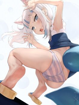 1girl animal_ears ass blue_dress blue_eyes blue_hair blue_panties cat_ears claw_pose clothes_lift dress dress_lift dutch_angle esearu feet fins fish_tail from_behind from_below gawr_gura gawr_gura_(casual) highres hololive hololive_english lifted_by_tail loli looking_back multicolored_hair open_mouth panties sandals shark_tail shirt_lift short_sleeves simple_background soles solo striped_clothes striped_panties tail tiptoes two-tone_hair underwear virtual_youtuber white_background white_hair