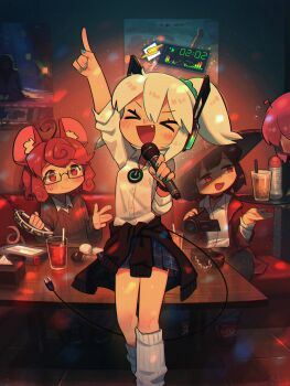 >_< 4girls :d absurdres ahoge animal_ears aqua_nails arm_up black_hair blush borrowed_character breasts bubble_tea clothes_around_waist commentary couch cuffs digitan_(porforever) drinking_straw electric_plug electric_plug_tail english_commentary fang gyaru hair_ornament hair_scrunchie handcuffs hat highres hitachi_magic_wand holding holding_microphone holding_tambourine index_finger_raised indoors jacket jacket_around_waist karaoke kogal lube microphone miniskirt mouse_ears mouse_girl mouse_tail multiple_girls nail_polish open_mouth original pleated_skirt ponytail porforever power_symbol red_eyes red_hair robot_ears scrunchie sex_toy shirt sitting skirt small_breasts smile soup_(souperior) tail tissue_box vibrator video_camera wavy_mouth white_hair white_shirt winamp witch_hat xd