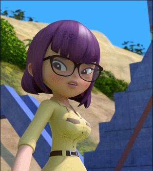 1girl 3d animated animated_gif belt black-framed_eyewear bouncing_breasts breasts dinocore glasses jiggle kaya_(dinocore) large_breasts outdoors plant purple_eyes purple_hair sky solo surprised talking teeth watch wide_hips