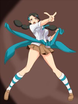 1girl black_hair breasts brown_background brown_eyes candice_(pokemon) clothes_around_waist covered_erect_nipples faust17491832 gluteal_fold large_breasts looking_at_viewer miniskirt multi-tied_hair nintendo open_mouth pokemon pokemon_dppt shirt shoes short_sleeves skirt socks sweater sweater_around_waist teeth