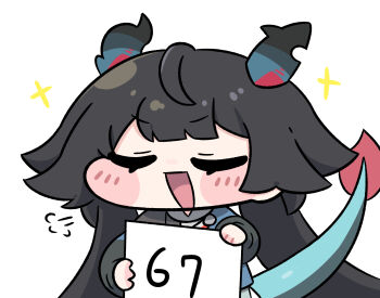 1girl 67_(meme) :d arknights arknights:_endfield beleullin black_hair blue_tail blush chen_qianyu_(arknights) chibi closed_eyes commentary_request dragon_girl dragon_horns dragon_tail highres holding holding_sign horns korean_commentary long_hair meme open_mouth puff_of_air sign simple_background smile solo sparkle tail white_background