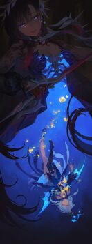 2girls absurdres asymmetrical_footwear bare_shoulders black_choker black_hair black_shrug black_thighhighs blue_boots blue_bow blue_dress blue_fire blue_hair blue_sleeves blunt_bangs boots bow bowtie breasts brown_background cerydra_(honkai:_star_rail) chinese_commentary choker cleavage clenched_hand closed_eyes collarbone collared_dress commentary_request crown crying crying_with_eyes_open death detached_sleeves dress earclip earrings falling fire flower fridaynightcat full_body gem gloves gold_trim gradient_hair grey_hair hair_between_eyes hair_bow hair_ornament hand_on_own_chest hand_up highres holding holding_sword holding_weapon honkai:_star_rail honkai_(series) hysilens_(honkai:_star_rail) jewelry leaf_print long_hair long_sleeves looking_at_another looking_down low_ponytail low_wings medium_breasts mismatched_footwear multicolored_hair multiple_girls multiple_rings pearl_(gemstone) pearl_earrings pendant petals pink_hair ponytail puffy_long_sleeves puffy_sleeves purple_bow purple_bowtie purple_dress purple_eyes red_gloves red_lips ribs ring rose sad see-through_body shrug_(clothing) sidelocks simple_background single_earring single_thighhigh sleeveless sleeveless_dress sword tears teeth thigh_strap thighhighs two-tone_hair upside-down weapon white_boots wide_sleeves wings x_hair_ornament yellow_flower yellow_rose