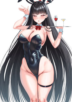 1girl absurdres animal_ear_hairband animal_ears bare_legs black_hair black_halo black_leotard blue_archive bow bowtie breasts cocktail_glass commentary_request covered_navel cup detached_collar drinking_glass fake_animal_ears feet_out_of_frame hairband halo highleg highleg_leotard highres large_breasts leotard long_hair manu_lee playboy_bunny rabbit_ears rabbit_pose red_bow red_bowtie red_eyes rio_(blue_archive) solo strapless strapless_leotard thigh_strap tray very_long_hair wrist_cuffs