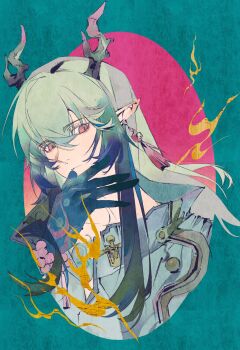 1boy absurdres aqua_background aqua_coat arknights blue_hands coat dragon_boy eastern_dragon_horns ein_(einnnn) grey_hair highres long_hair looking_at_viewer male_focus oval_image pink_eyes pointy_ears solo upper_body yi_(arknights)