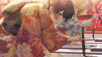 blonde_hair earrings floral_print game_cg holding idolmaster idolmaster_shiny_colors idolmaster_shiny_colors_song_for_prism japanese_clothes jewelry kimono komiya_kaho morino_rinze official_art paintbrush painting_(action) red_eyes red_hair saijo_juri