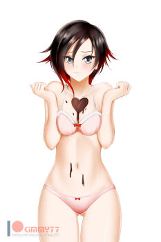 1girl between_breasts black_hair blush bra breasts candy chocolate chocolate_heart closed_mouth dripping female_focus food gluteal_fold gradient_hair grey_eyes hair_between_eyes hands_up heart highres kimmy77 looking_at_viewer medium_breasts melting multicolored_hair navel panties pink_bra pink_panties red_hair ruby_rose rwby short_hair simple_background smile solo standing underwear valentine watermark white_background