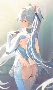 1girl absurdres ass blush breasts cinderella_(nikke) closed_eyes closed_mouth from_behind goddess_of_victory:_nikke hallo_(rltkdydrltk) hand_up highres large_breasts long_hair see-through_clothes smile solo thighs twintails white_hair