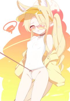 1girl above-cleavage_cutout absurdres animal_ear_fluff animal_ears bare_shoulders blonde_hair blue_archive breasts clothing_cutout collarbone commentary_request covered_erect_nipples covered_navel cowboy_shot cross_halo diamond_cutout extra_ears eyes_visible_through_hair feet_out_of_frame fox_ears fox_girl fox_tail frontal_wedgie furrowed_brow groin hair_over_one_eye halo highleg highleg_one-piece_swimsuit highres jacket kaze_(kaze_kaza) loli long_hair long_sidelocks long_sleeves looking_at_viewer off_shoulder official_alternate_costume one-piece_swimsuit open_mouth paid_reward_available partially_visible_vulva pink_eyes red-tinted_eyewear red_rope rope seia_(blue_archive) seia_(swimsuit)_(blue_archive) side_ponytail sidelocks sleeves_past_fingers sleeves_past_wrists small_breasts solo squiggle standing sunglasses swimsuit tail thighs tinted_eyewear very_long_hair visor_cap wedgie white_one-piece_swimsuit yellow_halo yellow_jacket yellow_visor