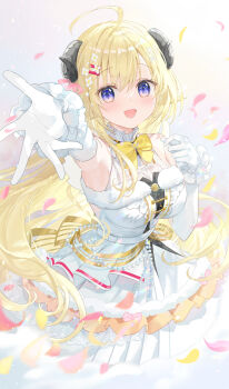 Rule 34 | 1girl, :d, ahoge, alternate costume, animal ears, armpits, blonde hair, breasts, commentary, dress, elbow gloves, falling petals, flower, fur-trimmed dress, fur trim, fuumi (radial engine), gloves, hair flower, hair ornament, hairclip, halter dress, halterneck, highres, hololive, horns, large breasts, layered dress, long hair, looking at viewer, official artist extra, open mouth, outstretched arm, petals, pleated dress, purple eyes, sheep ears, sheep girl, sheep horns, sleeveless, sleeveless dress, smile, solo, symbol-only commentary, tsunomaki watame, very long hair, virtual youtuber, white dress, white gloves