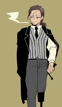 1boy :/ beard_stubble black_jacket black_necktie brown_eyes brown_hair cigarette collared_shirt facial_hair feet_out_of_frame gregor_(project_moon) hair_slicked_back holding holding_sword holding_weapon jacket jacket_on_shoulders kitoki_re limbus_company looking_to_the_side low_ponytail male_focus necktie night_awls_(identity)_(project_moon) official_alternate_costume peg_leg ponytail project_moon scar scar_on_face shirt smoke smoke_trail smoking solo standing striped_clothes striped_vest stubble sword vest weapon white_shirt