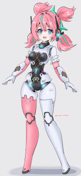 +_+ 1girl :d absurdres android aqua_hair arms_at_sides barcode blue_eyes breasts commentary_request full_body grey_background highres joints looking_at_viewer mechanization medium_breasts multicolored_hair open_mouth pink_hair rasen_manga robot_joints smile solo standing streaked_hair symbol-shaped_pupils teeth two-tone_hair upper_teeth_only yutane_johiel zenless_zone_zero