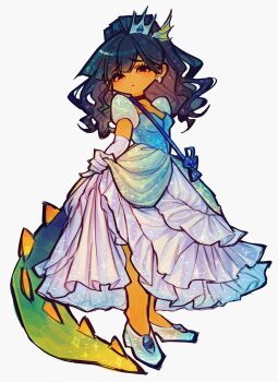 1girl absurdres black_choker black_eyes black_hair blue_dress blue_shoes breasts choker closed_mouth crown dark-skinned_female dark_skin dragon_tail dress earrings fins frilled_dress frills full_body gloves head_fins high_heels highres jewelry looking_at_viewer medium_hair mini_crown okubatomaeba original parted_bangs shoes short_sleeves simple_background skirt_hold small_breasts solo tail white_background white_gloves