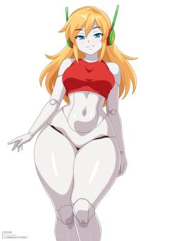 1girl absurdres artist_name bare_arms bare_shoulders blonde_hair blue_eyes bottomless breasts commentary crop_top curly_brace doukutsu_monogatari english_commentary feet_out_of_frame grin highres joints justcuyo long_hair looking_at_viewer medium_breasts navel no_pussy red_tank_top robot_ears robot_joints simple_background smile solo stomach tank_top thick_thighs thighs twitter_username white_background