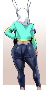 1girl absurdres animal_ears aqua_jacket arm_pouch ass bighead333 blue_pants boku_no_hero_academia border commentary contrapposto covered_knees cropped_jacket dark-skinned_female dark_skin english_commentary facing_away from_behind gradient_background hair_over_shoulder hand_on_own_hip highres jacket long_hair mirko pants print_pants rabbit_ears rabbit_girl skin_tight solo standing thighs tight_clothes tight_pants toned toned_female very_long_hair white_border white_hair