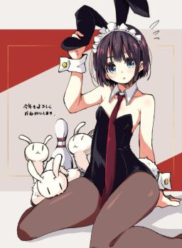 Rule 34 | 1girl, :o, adjusting clothes, adjusting headwear, animal ears, black leotard, blue eyes, bob cut, bowling pin, breasts, chinese zodiac, collar, commentary, detached collar, fake animal ears, fake tail, flying sweatdrops, grey pantyhose, leotard, looking at viewer, maid headdress, necktie, new year, pantyhose, parted lips, playboy bunny, rabbit, rabbit ears, rabbit tail, red necktie, sagimori arata, saki, saki (manga), saki achiga-hen, short hair, sitting, small breasts, solo, strapless, strapless leotard, tail, tom q (tomtoq), translated, wariza, white collar, wing collar, wrist cuffs, year of the rabbit, | |
