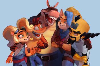2girls 3boys black_hair blonde_hair blue_background blue_eyes blue_overalls closed_eyes coco_bandicoot colored_skin crash_bandicoot crash_bandicoot_(series) dingodile facial_hair furry furry_female furry_male green_eyes highres lewalruspires long_hair multiple_boys multiple_girls mustache neo_cortex open_mouth overalls sharp_teeth short_hair shorts simple_background tawna_bandicoot teeth yellow_skin
