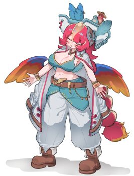 1girl :3 :d absurdres animal animal_on_head armpits baggy_pants belt big_hair bird bird_on_head blonde_hair blush blush_stickers boots bra bracelet braid braided_ponytail breasts brown_belt brown_boots cleavage closed_eyes coat coat_on_shoulders feathers full_body green_bra hat head_tilt highres jewelry kim_aendeo large_breasts long_hair low_wings multicolored_hair multicolored_wings navel necklace on_head open_clothes open_coat open_hands open_mouth original pants pants_tucked_in pirate_costume pirate_hat red_hair sideboob sidelocks sleeveless smile solo standing stomach streaked_hair swept_bangs underwear very_long_hair white_background white_coat white_hat white_pants wings