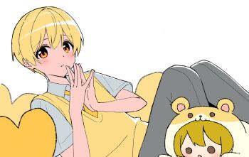 1boy blonde_hair blush commentary flat_color grey_pants hair_between_eyes highres kai_(shell) looking_at_viewer lying male_focus on_back orange_eyes pants parted_lips root_(stpri) shirt short_hair short_sleeves simple_background solo steepled_fingers strawberry_prince stuffed_toy sweater_vest white_background white_shirt yellow_sweater_vest