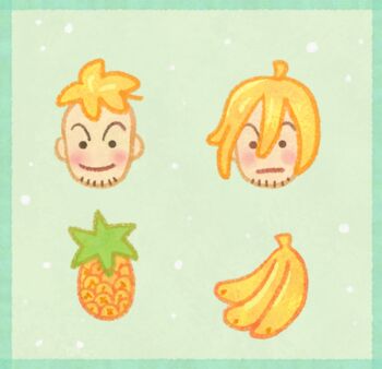 1boy banana beard_stubble blonde_hair blush border chibi commentary facial_hair food fruit green_background green_border hair_between_eyes looking_at_viewer lowres marco_(one_piece) multiple_views one_piece pikaole pineapple smile stubble