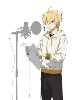 1boy ? absurdres aether_(genshin_impact) ahoge alternate_costume artist_name black_pants blonde_hair braid commentary contemporary english_commentary genshin_impact hair_between_eyes highres holding holding_paper hood hood_down hoodie long_hair long_sleeves microphone nerozero pants paper simple_background solo white_background white_hoodie yellow_eyes