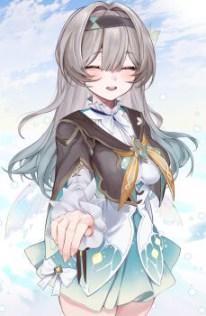 1girl black_hairband black_jacket breasts closed_eyes commentary_request cracked_skin dress facing_viewer firefly_(honkai:_star_rail) gradient_hair green_dress grey_hair hair_between_eyes hair_ornament hairband highres honkai:_star_rail honkai_(series) jacket long_hair medium_breasts multicolored_eyes multicolored_hair neckerchief open_mouth orange_neckerchief sakusaku_(616saku) smile solo white_dress