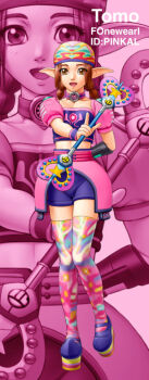 1990s_(style) 1girl :d arm_behind_back black_gauntlets blue_shorts bracelet braid brown_eyes brown_hair character_request choker commentary_request copyright_request crop_top foot_up_heel_up full_body gauntlets headwear_request heart_wand holding holding_wand index_finger_raised jewelry knees_together_feet_apart light_blush low_twin_braids magical_girl midriff monochrome_background multicolored_thighhighs open_mouth pink_background pink_choker pink_shirt pink_skirt pink_theme pink_trim platform_shoes pointy_ears puffy_short_sleeves puffy_sleeves purple_shirt retro_artstyle shirt short_shorts short_sleeves shorts single_gauntlet skirt smile solo square_neckline standing standing_on_one_leg straight-on teiku_(take) twin_braids two-tone_shirt wand zoom_layer